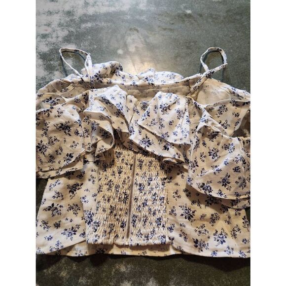 Reformation Linen blue floral Ruffle Floral Top Size 6 - Picture 2 of 5